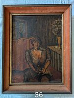 Front view of framed oil painting depicting Madame Chatelet with dog in indoor setting.