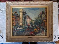 Full view of the framed oil painting showing the complete street scene and frame