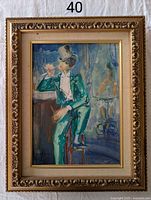 Full view of framed oil painting showing man in tuxedo smoking a cigarette, predominantly turquoise and blue colors.