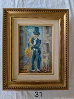 Full view of the framed painting depicting a trumpet player with a dog in a street scene.