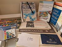 Overall view of watercolor books, paper pads, paint tin with brush, and clipboard on white shelf.