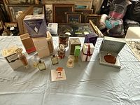 Wide shot of all bottles and boxes on blue cloth