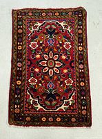 Full view of the Persian Hamadan rug showing the overall pattern and color scheme including the borders and central floral and bird motifs.