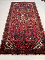 Full view of red background rug with border and fringe