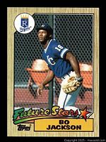 Front of 1987 Topps Bo Jackson rookie card showing Bo Jackson in Royals uniform with 'Future Stars' and card details.