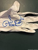 Top side of the white golf glove showing Ian Poulter signature in blue marker across the palm area.
