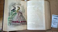 Open book showing a colored fashion plate of two women in Victorian dresses and printed text on pages.