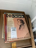Sheet music book titled 'Music of Chopin' with a profile illustration of Chopin on the cover, price 50 cents, published by J.W. Pepper & Son, N.Y.C.