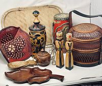 Photo showing full lot including bamboo tray, carved bowls, painted containers and figurines.