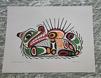Full view of the signed print depicting the otter and sea urchin in Indigenous art style with colors and shapes.