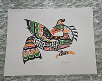 Full view of the Thunderbird artwork showing colorful Indigenous styled bird design on a white background, dimensions approximately 19 x 25 inches.