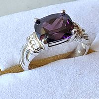 Close-up side angle of sterling silver amethyst ring showing setting and band details.