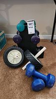 Front view showing six hand weights on black stand with two ab roller wheels and two blue push-up handles at base.