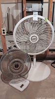Both fans side by side on a basement concrete floor, showing size comparison and full view of both fans.