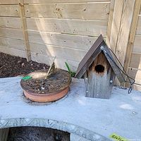 Metal sundial and wooden bird house placed on curved concrete bench outdoors with wooden fence background