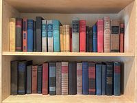 Bookshelves showing rows of vintage and antique hardcover books in various colors and conditions
