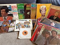 Photo showing a variety of vintage vinyl record albums from artists like Dean Martin, Lou Monte, Herb Alpert, Doris Day, and Tijuana Brass, arranged side-by-side on a floor.