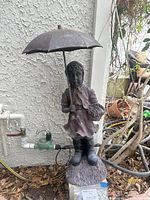 Front and side views of the little girl statue standing outdoors against a textured wall, holding an umbrella and flower basket.