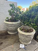 Two matching glazed ceramic pots with raised leaf designs, each containing succulents, placed outdoors on wooden surface