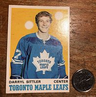 Front of 1970-71 O-Pee-Chee hockey card showing Darryl Sittler in Toronto Maple Leafs uniform, card number 218.
