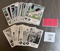 Collection of 40 oversized football cards laid out, showing color and black & white sets alongside checklist card and sleeve