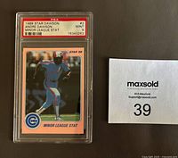 Front side of 1988 Star Andre Dawson Minor League Stat baseball card, graded PSA 9 MINT, showing player image and card details.