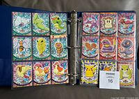 Two-page binder spread showing 18 cards including Caterpie, Weedle, Pidgey, Fearow, Ekans, and Pikachu