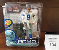 Front view of sealed Tony Romo NFL McFarlane Series 29 action figure with price stickers and packaging details
