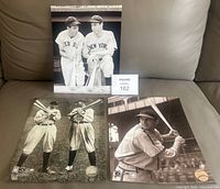 Three 8x10 black and white baseball photos showing players in vintage uniforms, including a Red Sox and New York Yankees player together.