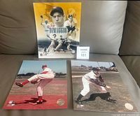 Three color 8x10 glossy baseball photos from Cooperstown Collection showing Joe DiMaggio and other players on couch.