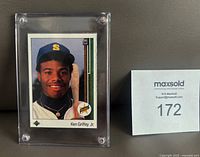 Front view of Ken Griffey Jr. rookie card in screwdown holder