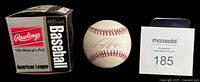 Baseball with autograph, Rawlings box, lot ID card