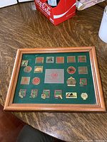 Full view of an 8x10 wooden framed green felt display containing 18 Coca Cola Collectors Club pins of various designs and a central commemorative silver plaque.