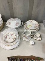 Full set including covered veggie dish on left, salad plates, dessert plates, fruit bowls, sugar dish, Demi-Tasse cup and saucer visible