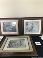 Three framed Robert Bateman wildlife prints displayed together showing loons, owl, and rabbit artwork in wood frames on black surface under good light.