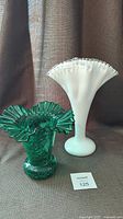 Photo of both vases showing teal green Beacon crackle glass tulip vase and white Fenton Silvercrest milk glass fan vase together