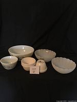 Group shot showing all bowls together: Pyrex mixing bowls, T.G.Green pudding basins, Arcopal bowls