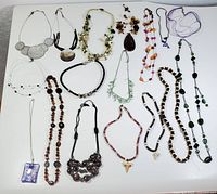 Photo of 15 assorted fashion necklaces on white background revealing various styles and colors.