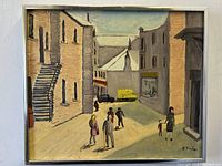 Frontal image of the oil painting showing a street scene with buildings, people, and a yellow vehicle in the distance; artist signed in lower right.