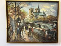 Front view of oil painting showing Parisian canal scene with church and pedestrians.