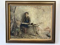 Front view of the framed oil painting showing the girl sitting reading in a barn setting with rustic textures.