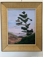 Front view of framed impressionist oil painting on board showing tree scene and frame details.