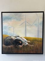 Full view of romantic oil painting on black framed stretchered canvas