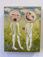 Front view of surrealist painting showing two nude humanoid figures with whimsical sun-like faces on grassy field, signed J Armour '03.
