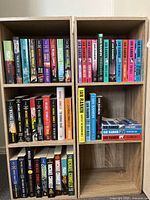 Bookshelves with multiple books by Michael Connelly and Ian Rankin organized across two shelves.