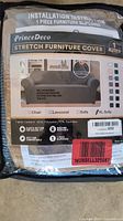 Photo of the Prince Deco XL Sofa Stretch Furniture Cover package showing product features, material composition, fit options, and care instructions.