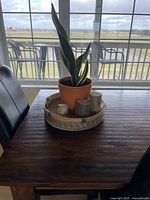 Photo of a single snake plant in a plain terracotta pot, placed inside a round woven basket with three wooden stump decorations, positioned on a dark wooden table near a window.