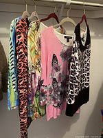 Side view of five assorted Imagini XL women's tops hanging on hangers in a closet, showcasing diverse patterns and colors.