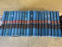 Row of twenty Hardy Boys hardcover books showing blue spines with gold and black labels, arranged upright in order.