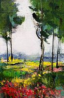 Close-up of the small oil painting showing tall trees with colorful abstract flowers below.